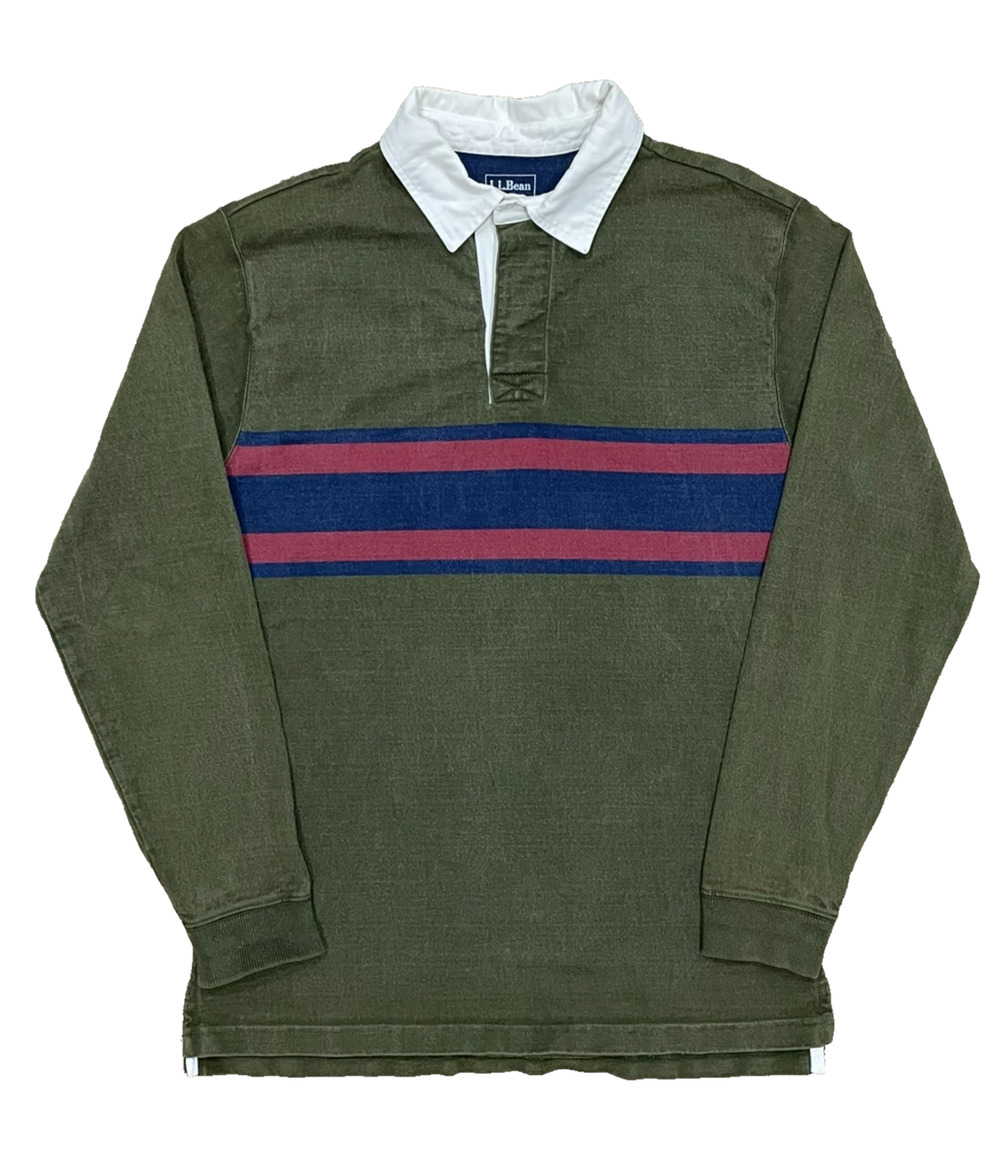 LL Bean Rugby Shirt Men's M Green Heavy Cotton Long Sleeve Polo Y2K Striped Prep